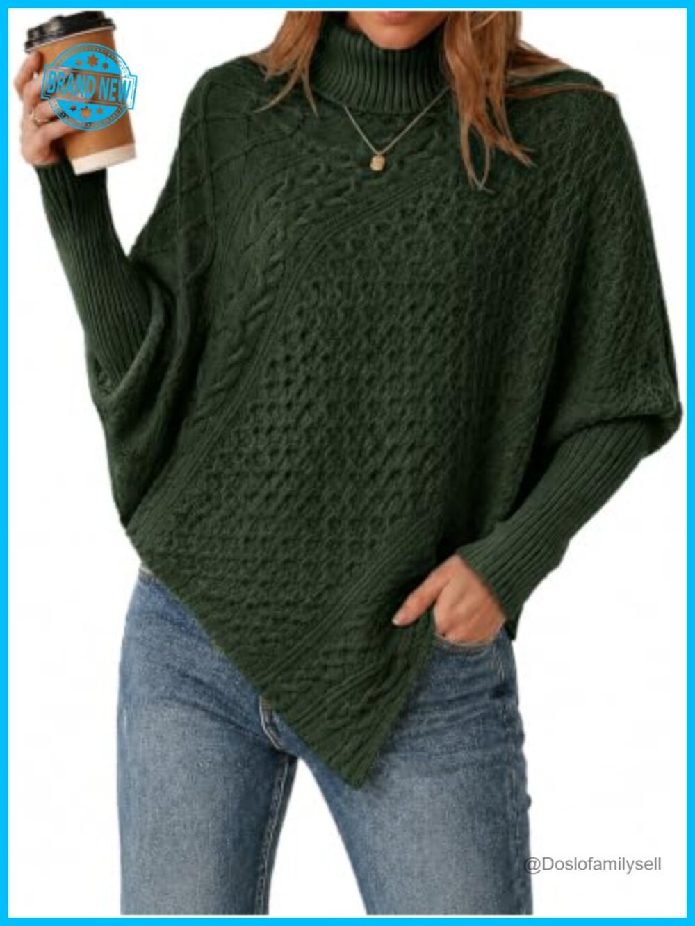 Womens Cable Knit Turtleneck Poncho Sweater Batwing Sleeve Pullover Cape Top